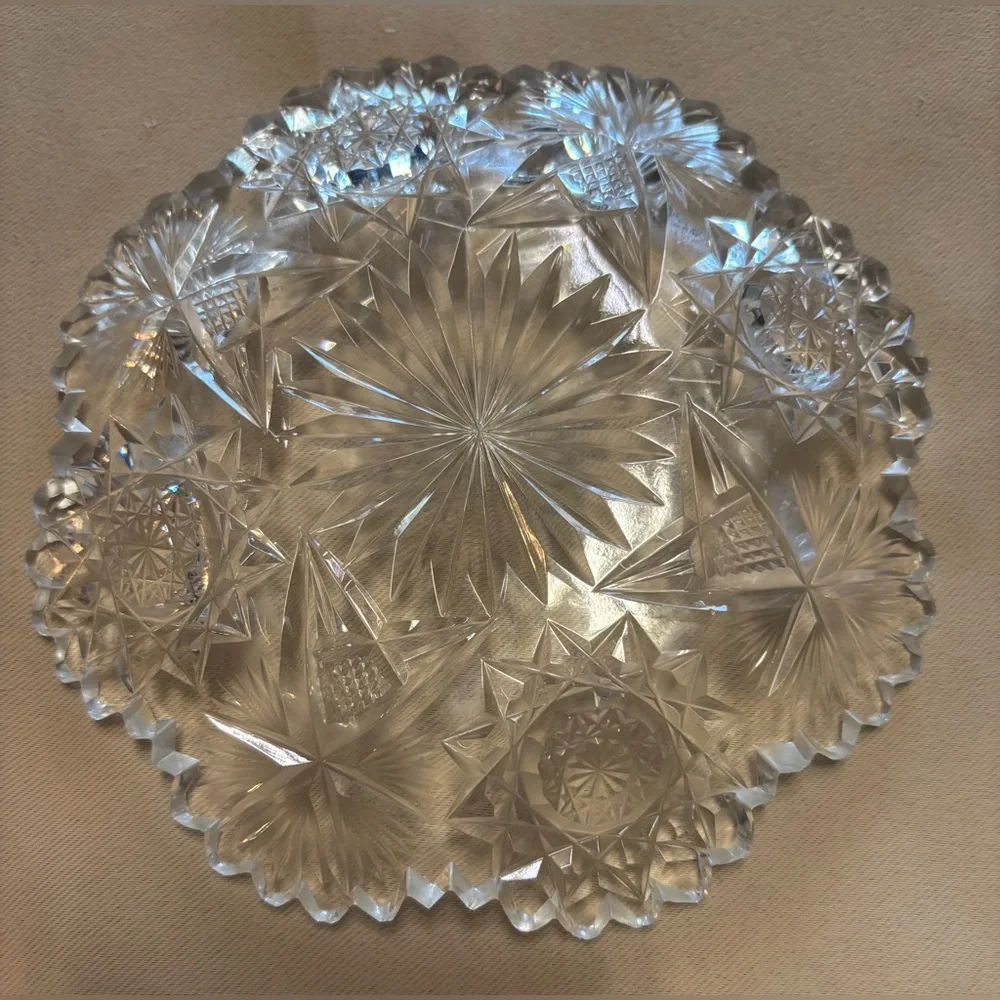 Antique American Brilliant Glass 6” Crystal Dish Bowl Sawtooth Scalloped Star‎